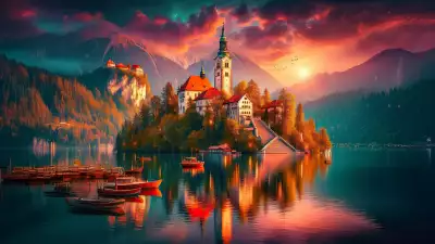 A scenic view of Lake Bled with its island, church, and castle illuminated by a dramatic sunset.