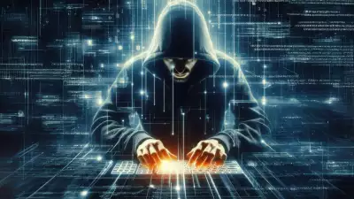 A hooded figure immersed in a futuristic digital interface, glowing with data streams and cyberpunk aesthetics.