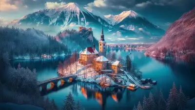 Snow-covered castle by a frozen lake with majestic mountains in the background