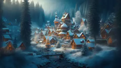 A serene winter village nestled in a dense forest, with snow-covered rooftops and glowing warm lights under tall pine trees.