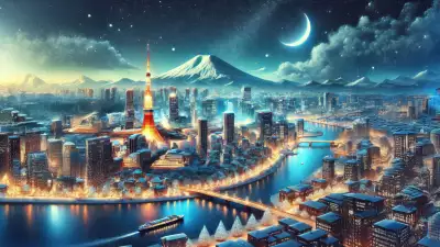 The illuminated Tokyo skyline featuring Tokyo Tower, snowy rooftops, and Mount Fuji in the background under a crescent moon.