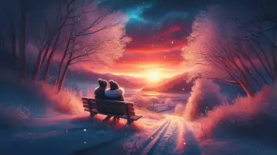 Two people sitting on a bench, watching a vibrant winter sunrise over a snowy valley.