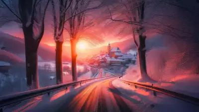 Winter sunset over a snowy village with snow-covered trees and a winding road